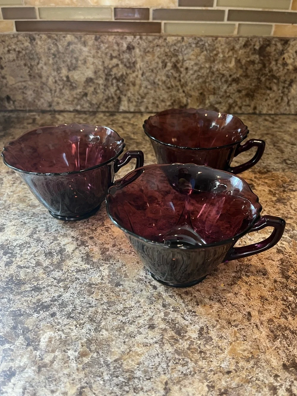 Vintage Deep Purple Amethyst Glass Tea Cups Set of 3